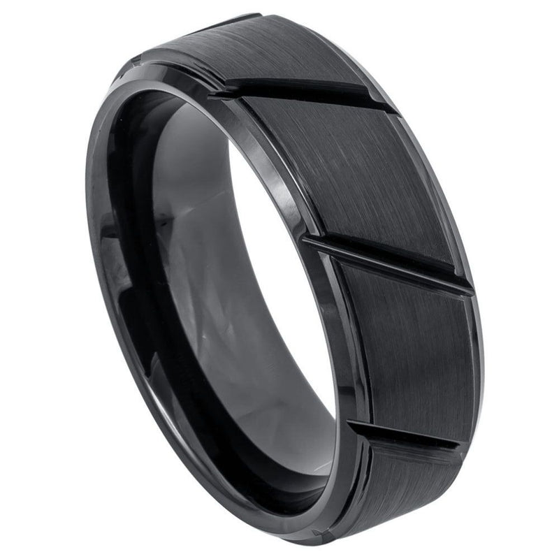 Black Tungsten Diagonal Grooves - Pasha Fine Jewelry