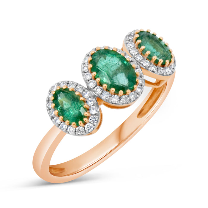 Emerald Three Stone Halo Ring - Pasha Fine Jewelry