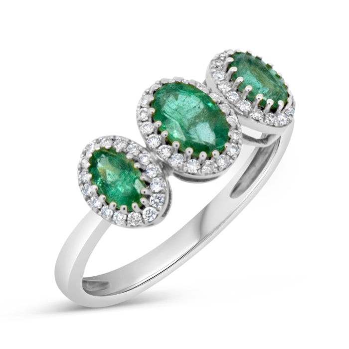 Emerald Three Stone Halo Ring - Pasha Fine Jewelry