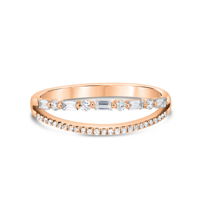 Two row Baguette + Round Diamond Ring