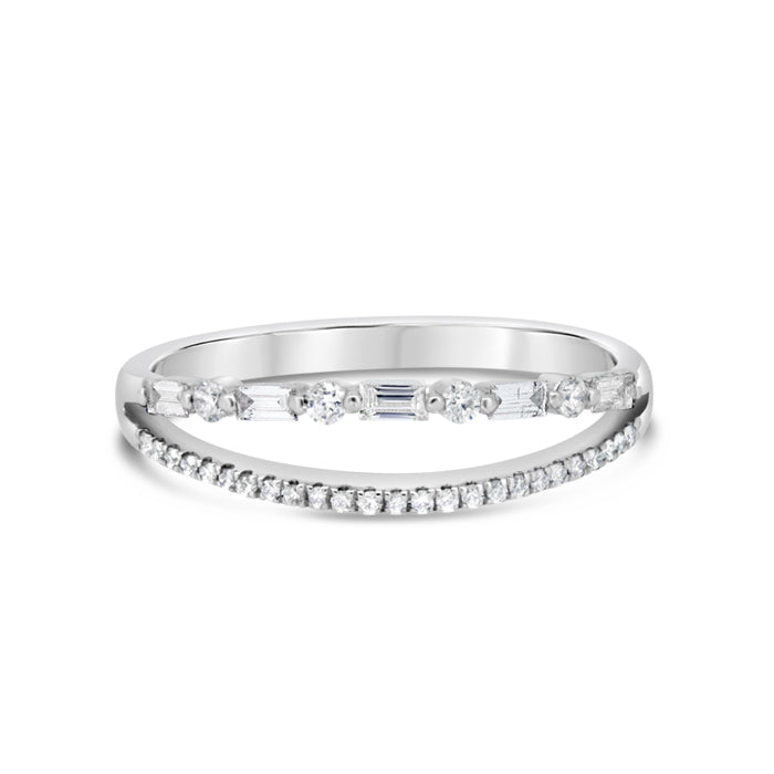 Two row Baguette + Round Diamond Ring