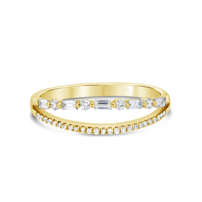 Two row Baguette + Round Diamond Ring