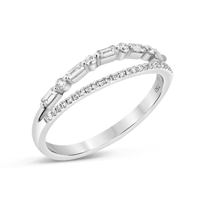 Two row Baguette + Round Diamond Ring