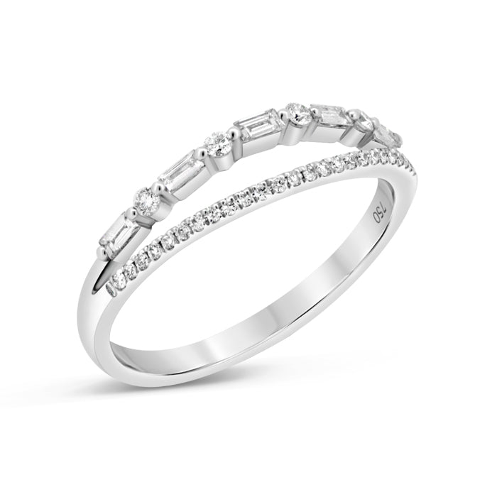 Two row Baguette + Round Diamond Ring
