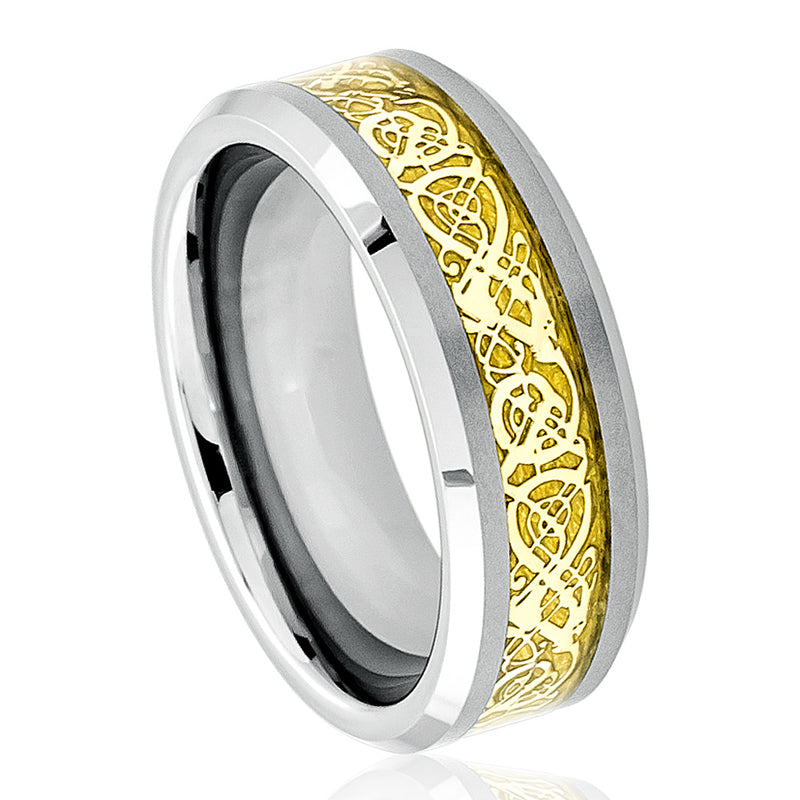 Shiny Beveled Edge with Golden Celtic Dragon Cut-out Inlay - Pasha Fine Jewelry
