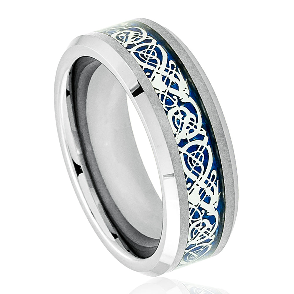 Shiny Beveled Edge with Blue Celtic Dragon Cut-out Inlay - Pasha Fine Jewelry