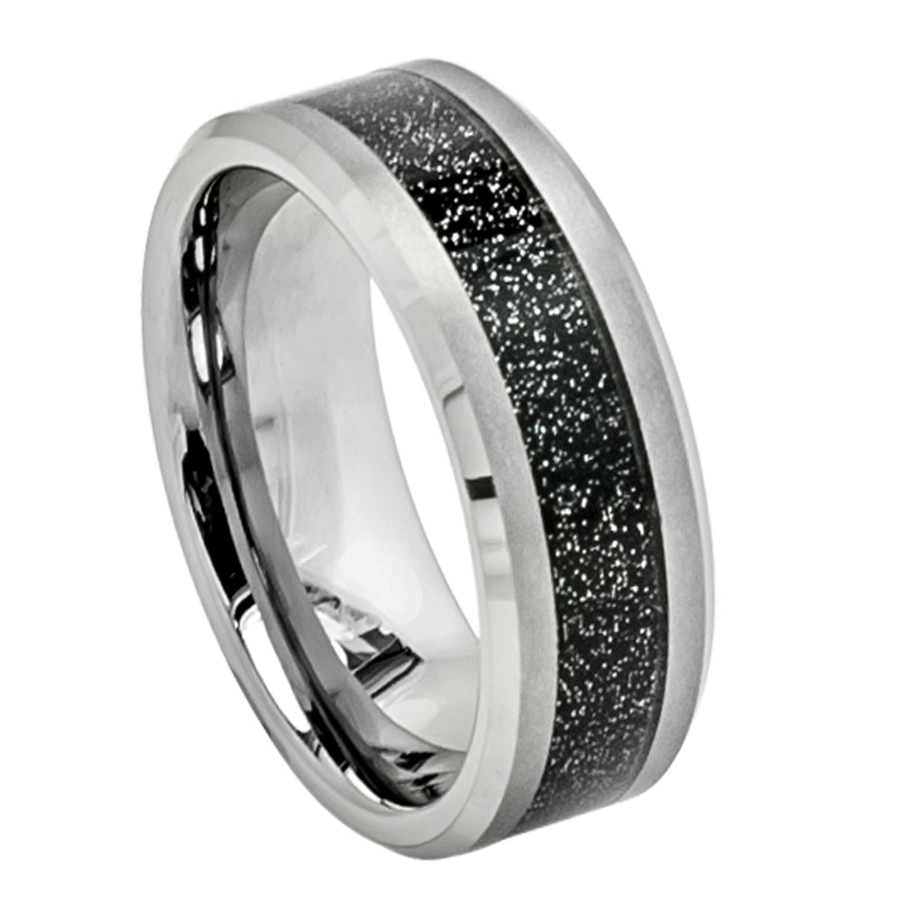 Shiny Beveled Edge with Black Sandstone Carbon Fiber Inlay - Pasha Fine Jewelry