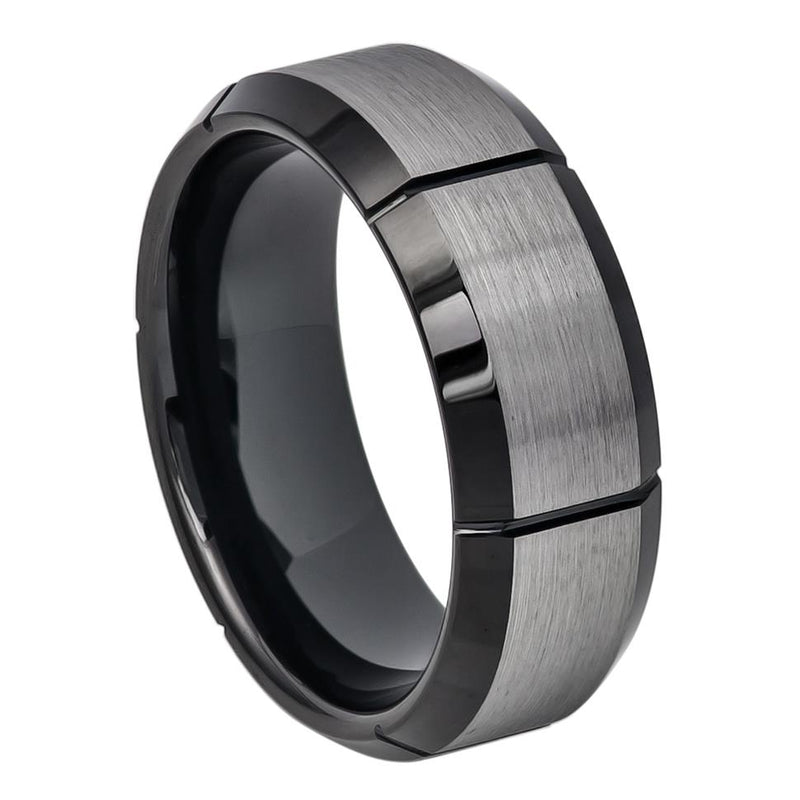 Two-tone Brushed Center with Multiple Vertical Grooves & Black IP Beveled Edge - Pasha Fine Jewelry