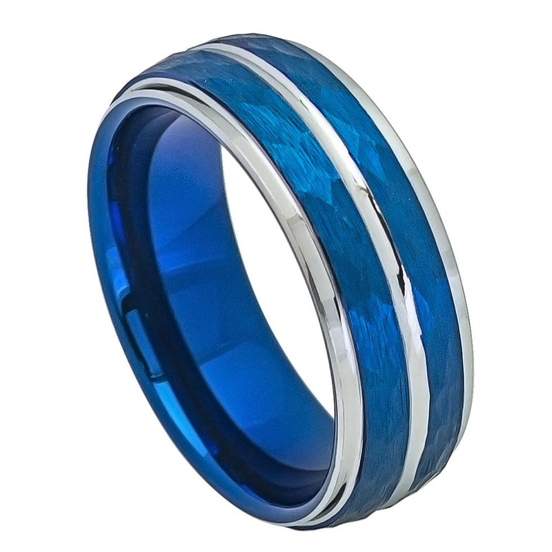 Two-tone Blue IP Plated Hammered Finish High Polished Stepped/Beveled Edge - Pasha Fine Jewelry
