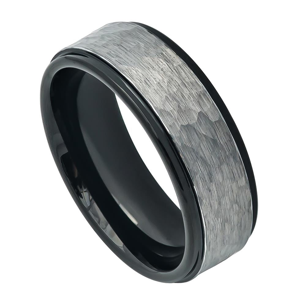 Two-tone Hammered Gun Metal Brush Finish & Black IP Inner Ring Stepped Edge - Pasha Fine Jewelry