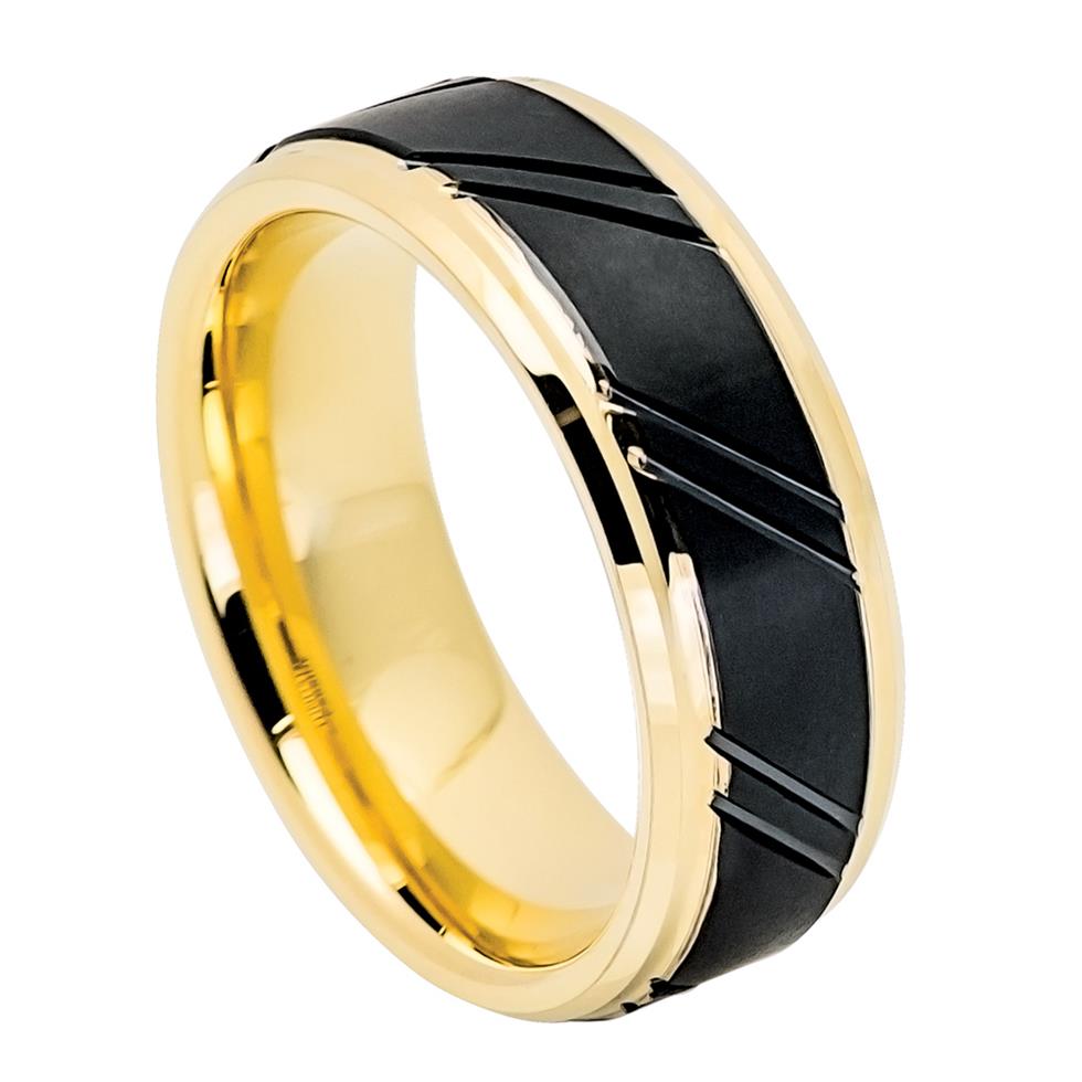 Yellow Gold IP Plated Inner Ring & Stepped Edge with Black IP Diagonally Grooved Center - Pasha Fine Jewelry
