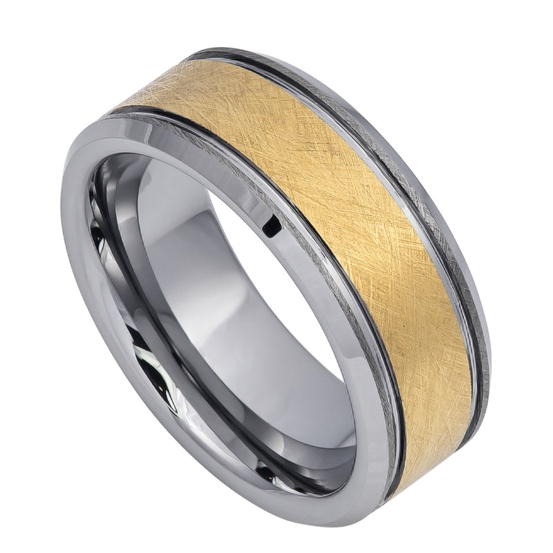 Yellow Gold IP Plated Ice Finish Center High Polished Stepped/Beveled Edge - Pasha Fine Jewelry