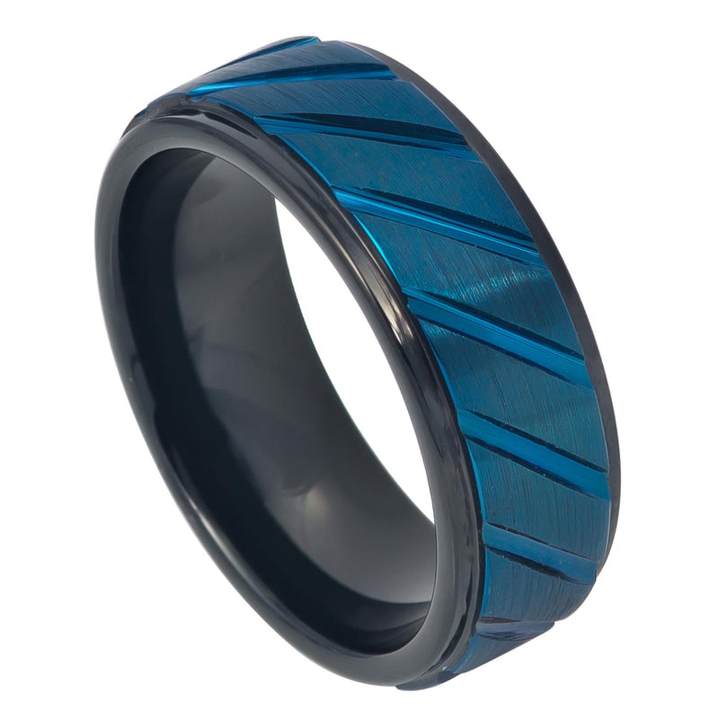 Prussian Blue IP Plated Diagonally Grooved Finish Center & Black IP Inner Ring - Pasha Fine Jewelry