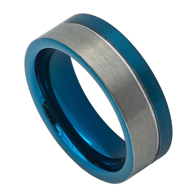 Off-Center Grooved Blue IP Plated Brushed Pipe Cut Ring - Pasha Fine Jewelry