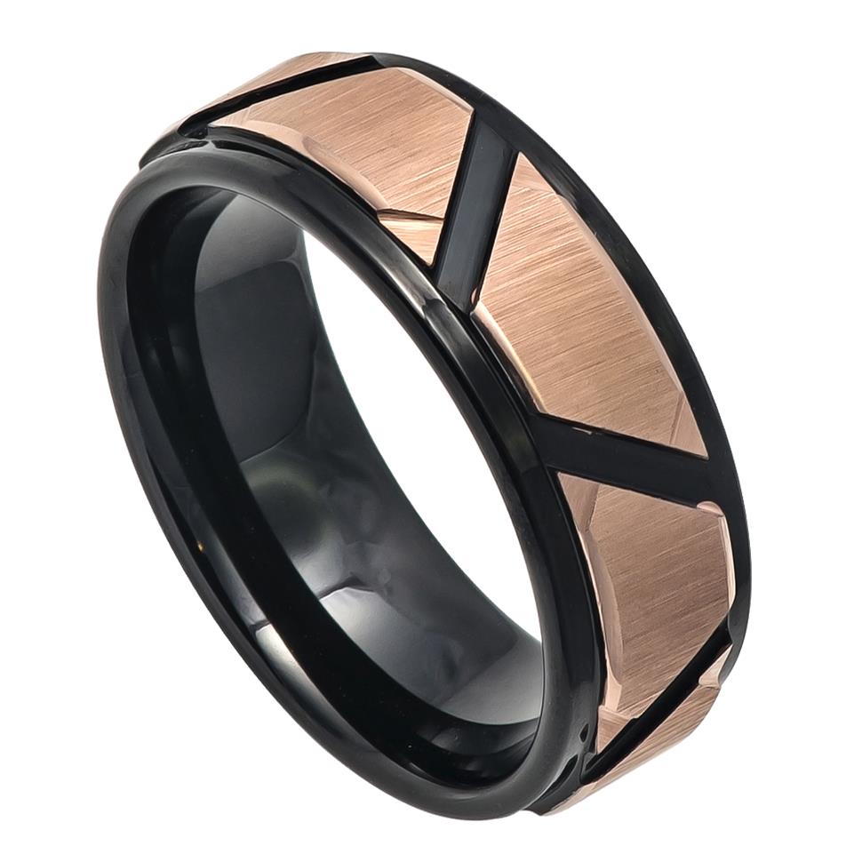 Rose Gold IP Brushed Trapezoid Center High Polished Black Gold IP Grooves & Stepped - Pasha Fine Jewelry