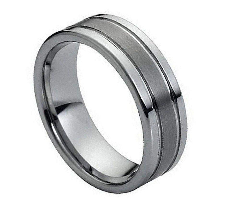 Ring Polished Shiny Double Grooved Brushed Center - Pasha Fine Jewelry